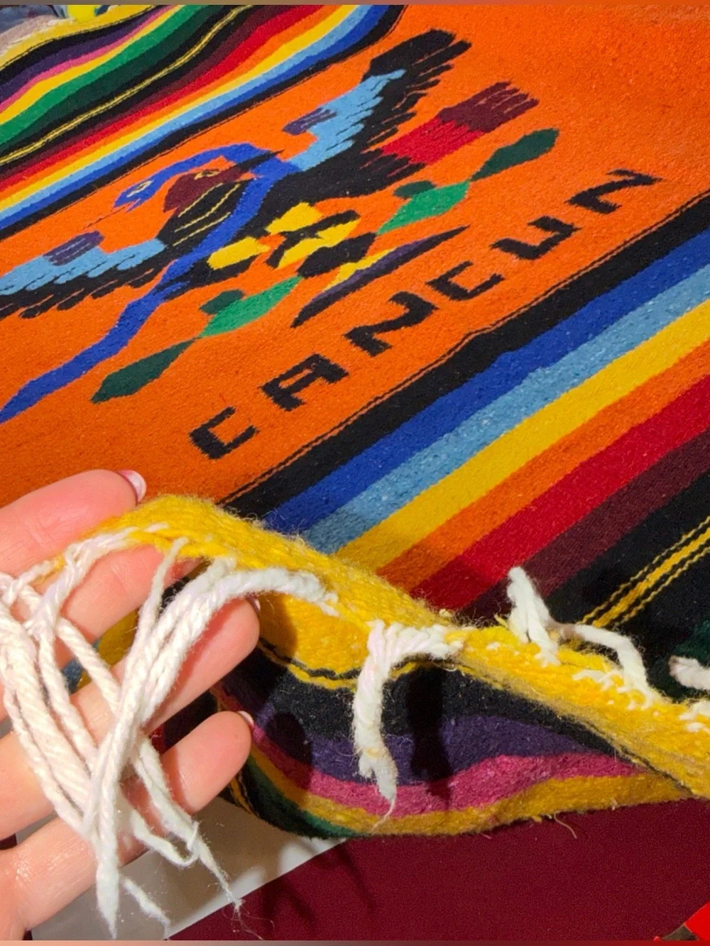 Vintage Hand Woven CANCUN Mexico Rainbow Blanket Throw Eagle Snake 80” X 50” Vtg